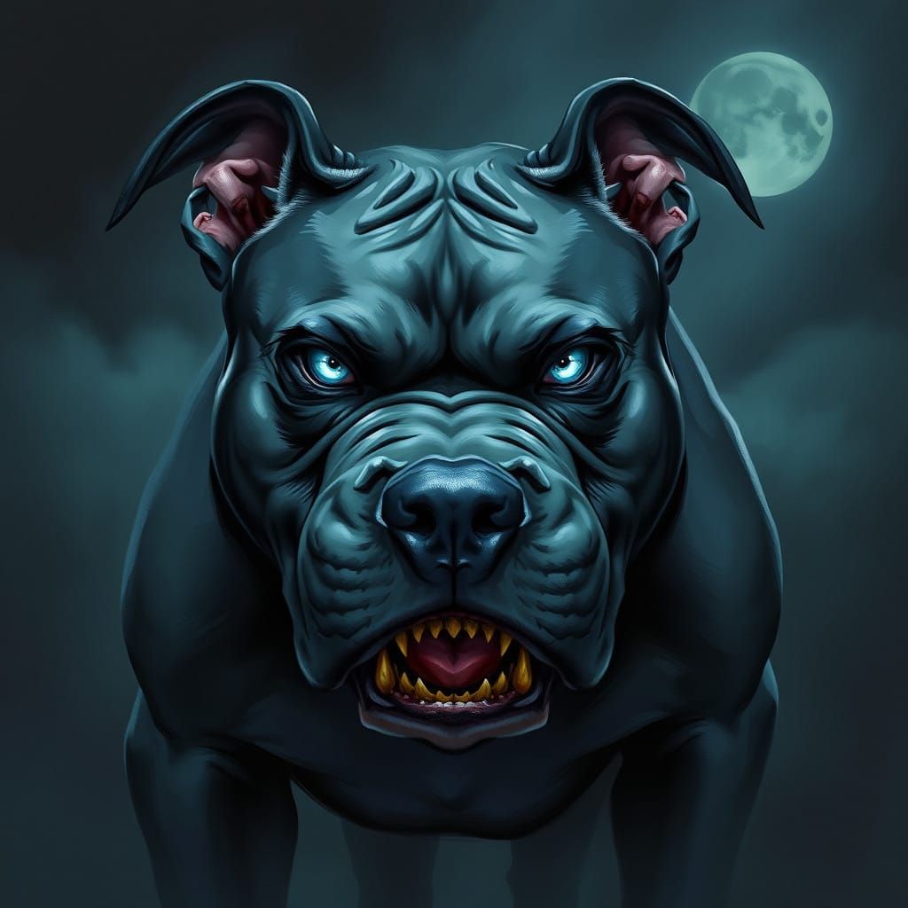Mysterious Dark Grey Pitbull in Ominous Moonlit Scene