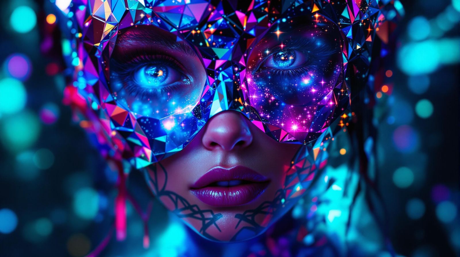 Cosmic Goddess with Galaxy Eyes in Neon Dreamscape