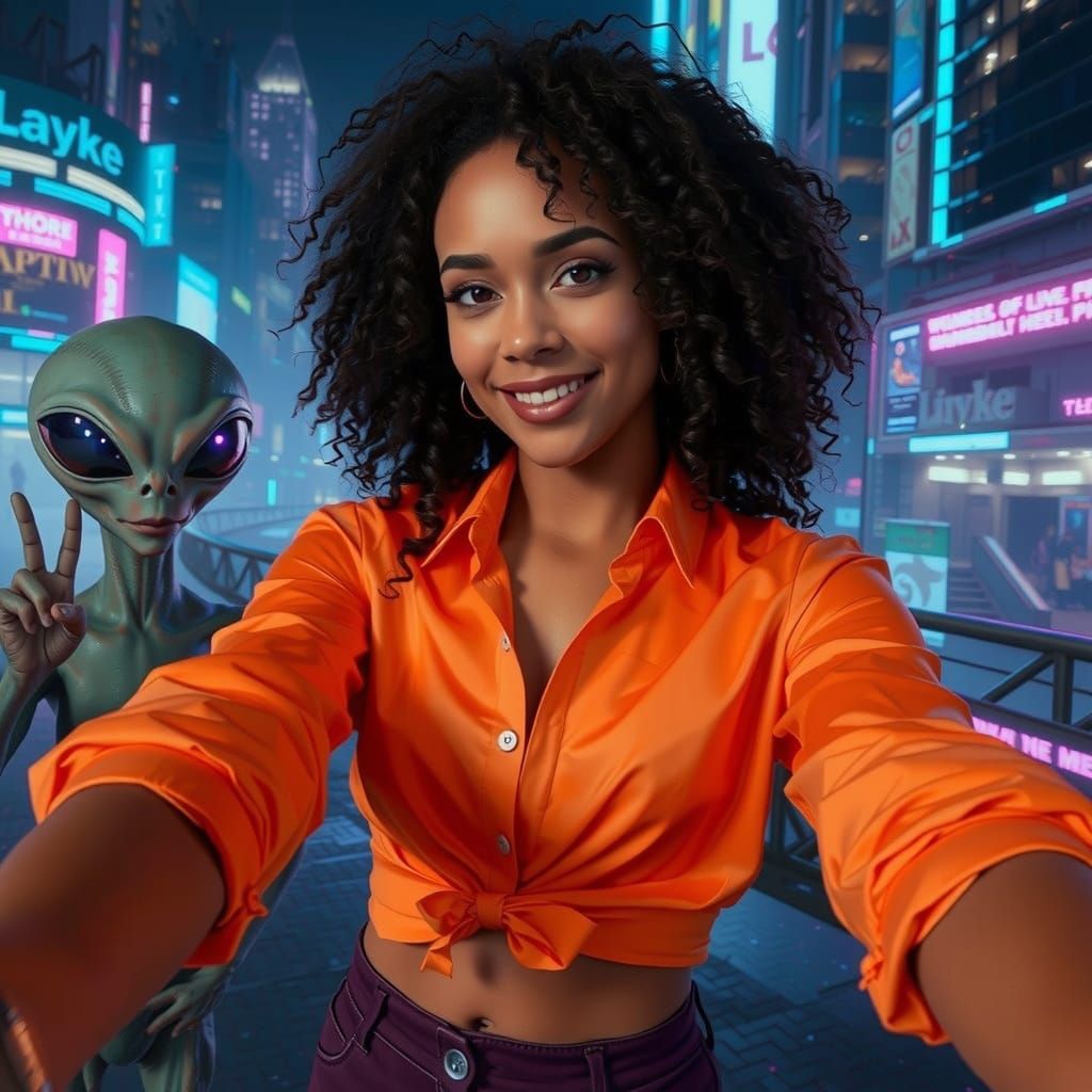 Nervous Selfie With Friendly Alien in Futuristic City