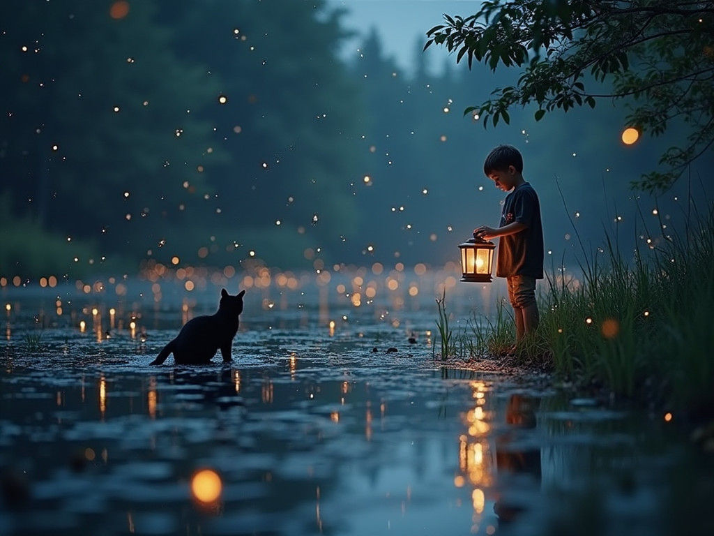 Moonlit Serenade: A Boy and His Feline Companion Watch Firef...