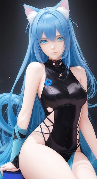 Serene Anime Girl with Blue Eyes and Hair in Flat Manga Styl...