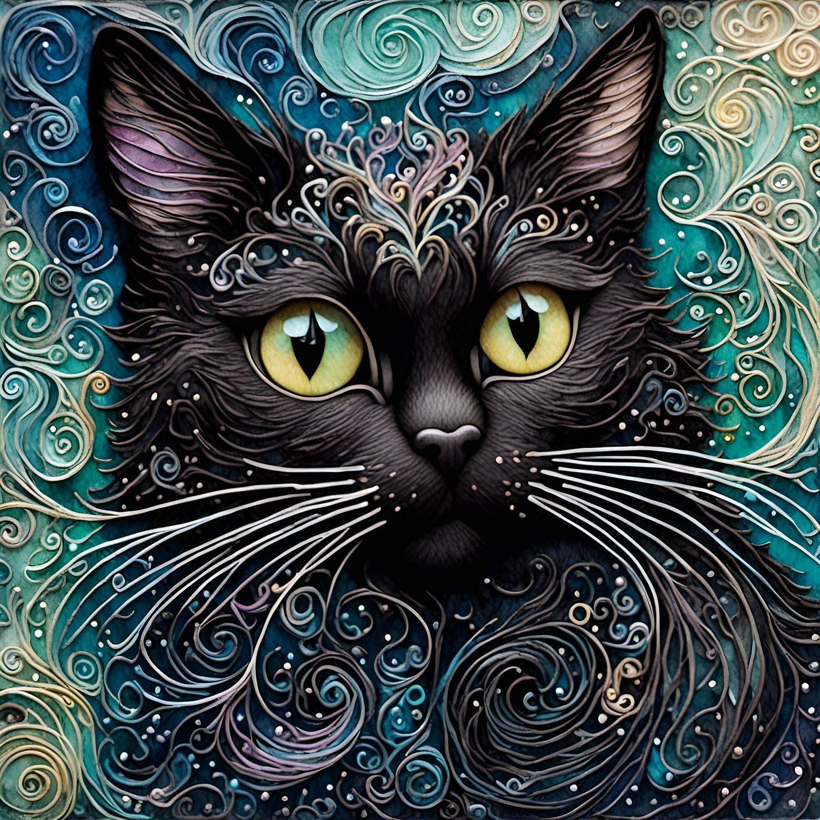 Dramatic Black Cat Portrait in Zentangle Alcohol Ink Style