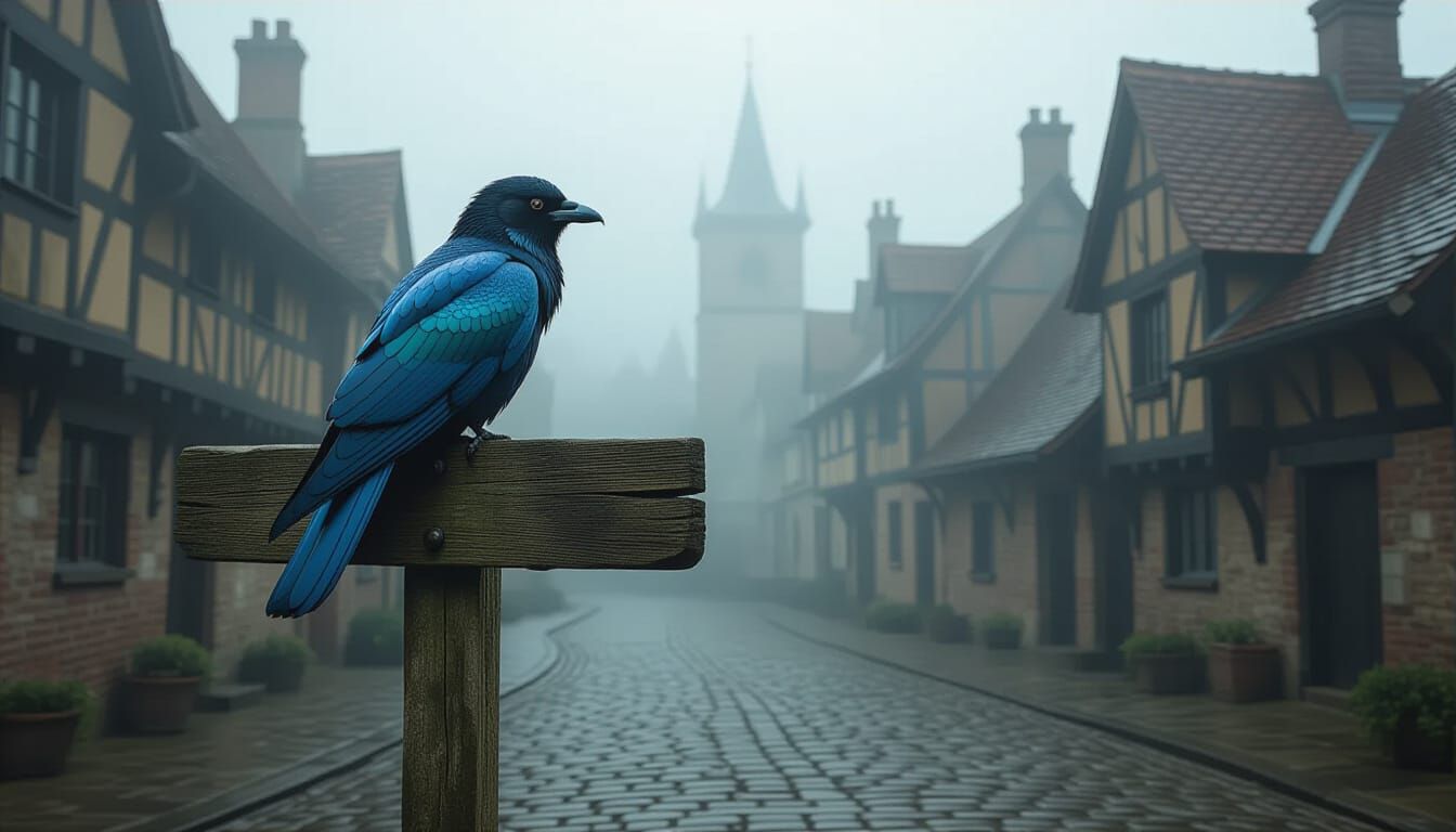 Exotic Bird in Misty Village Square