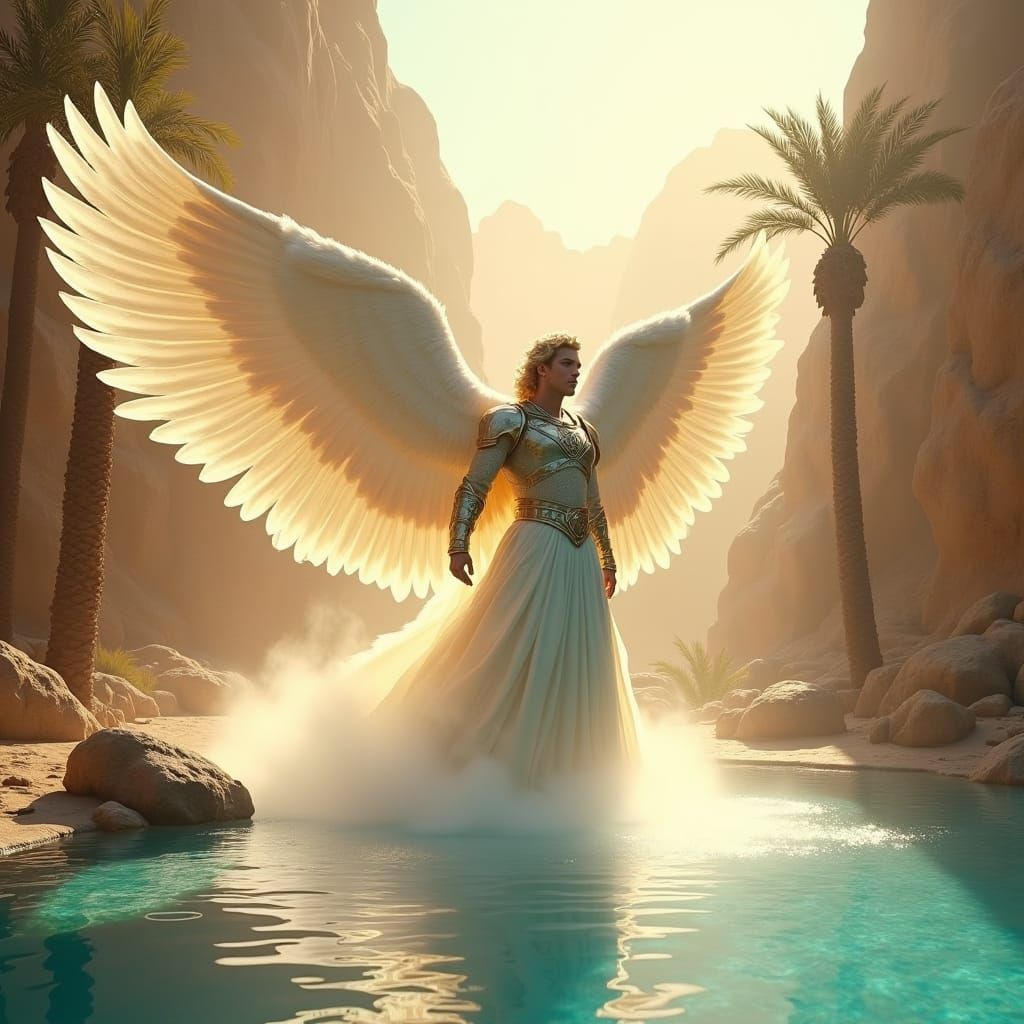Majestic Angel Beside Desert Pool, Dreamy Art