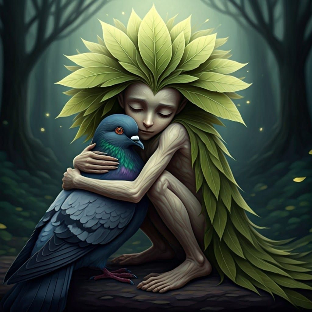 Ethereal Duende Comforts a Melancholic Rock Pigeon