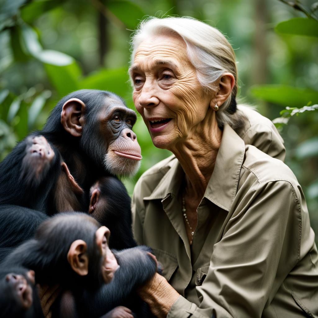 Jane Goodall Communicating with Chimpanzees in Forest