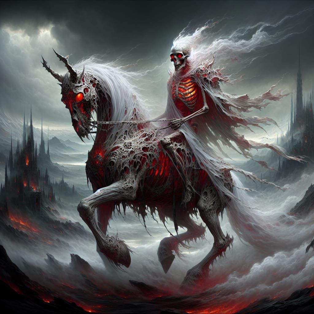 Phantasmal Skeleton Rider on White Horse in Mist