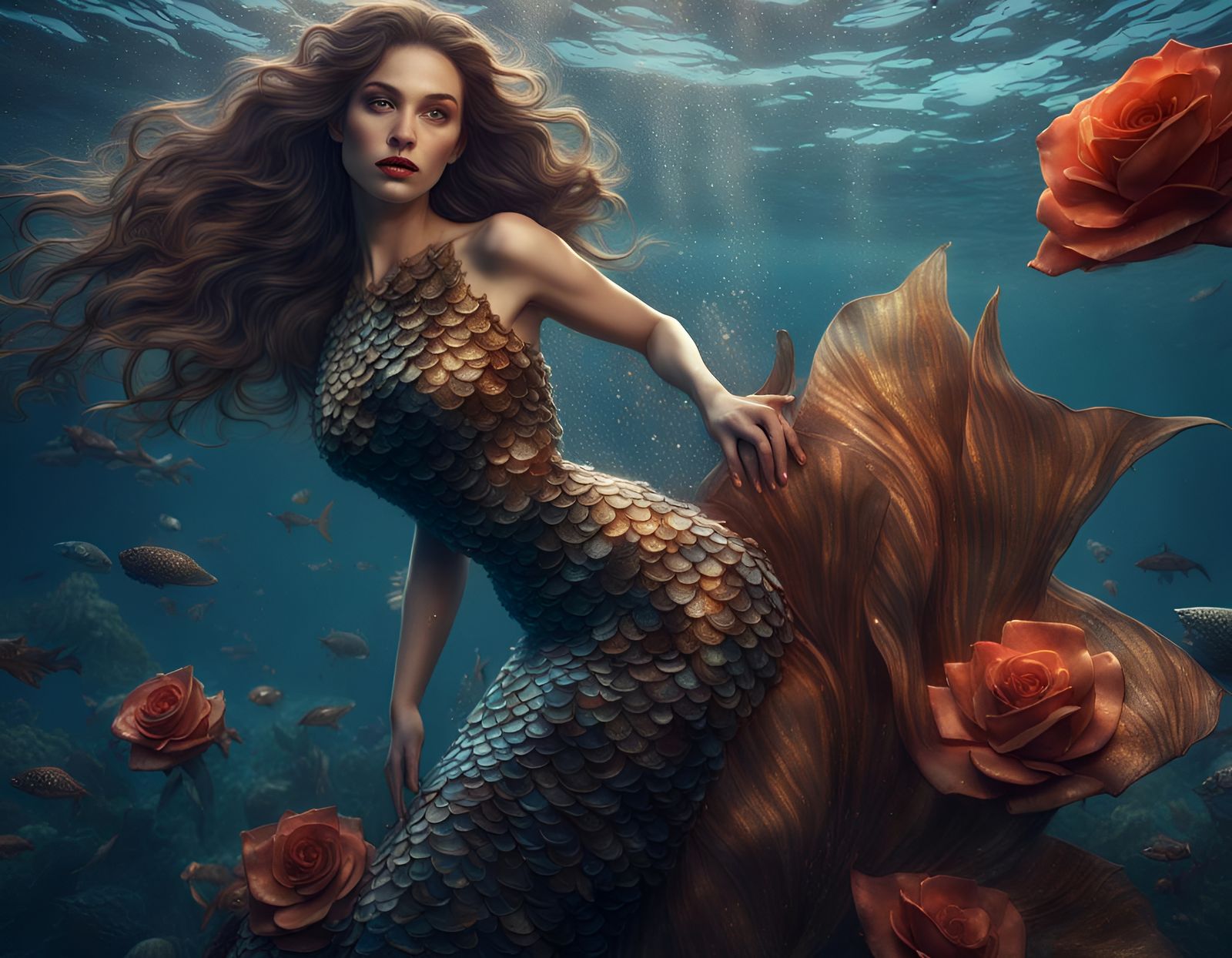 "Lady in a mermaid costume extravagant dress with fish scales swimming in the ocean underwater", fishes swimming around,...
