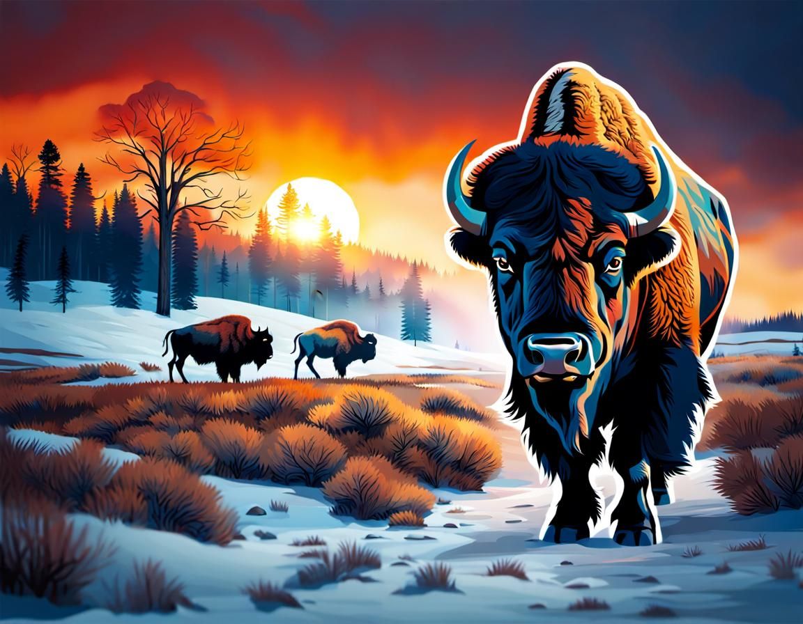 Bison Double Exposure Sunset Landscape