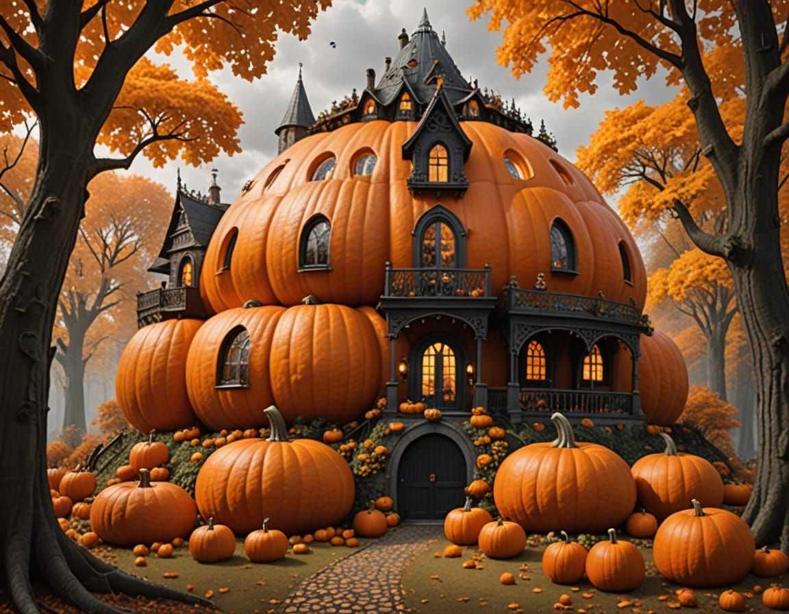 Gothic Woman Enjoys Tea Time Inside Pumpkin House