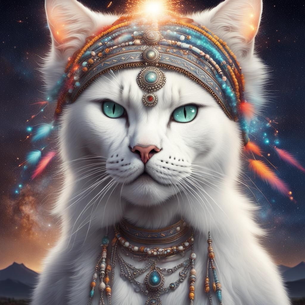 Surreal Shaman Scene with Cat, Meteors, and Fireworks