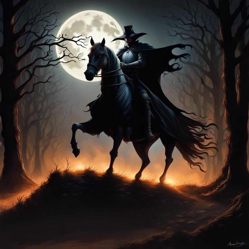 Headless Horseman in Moonlight, Hyperdetailed Digital Art