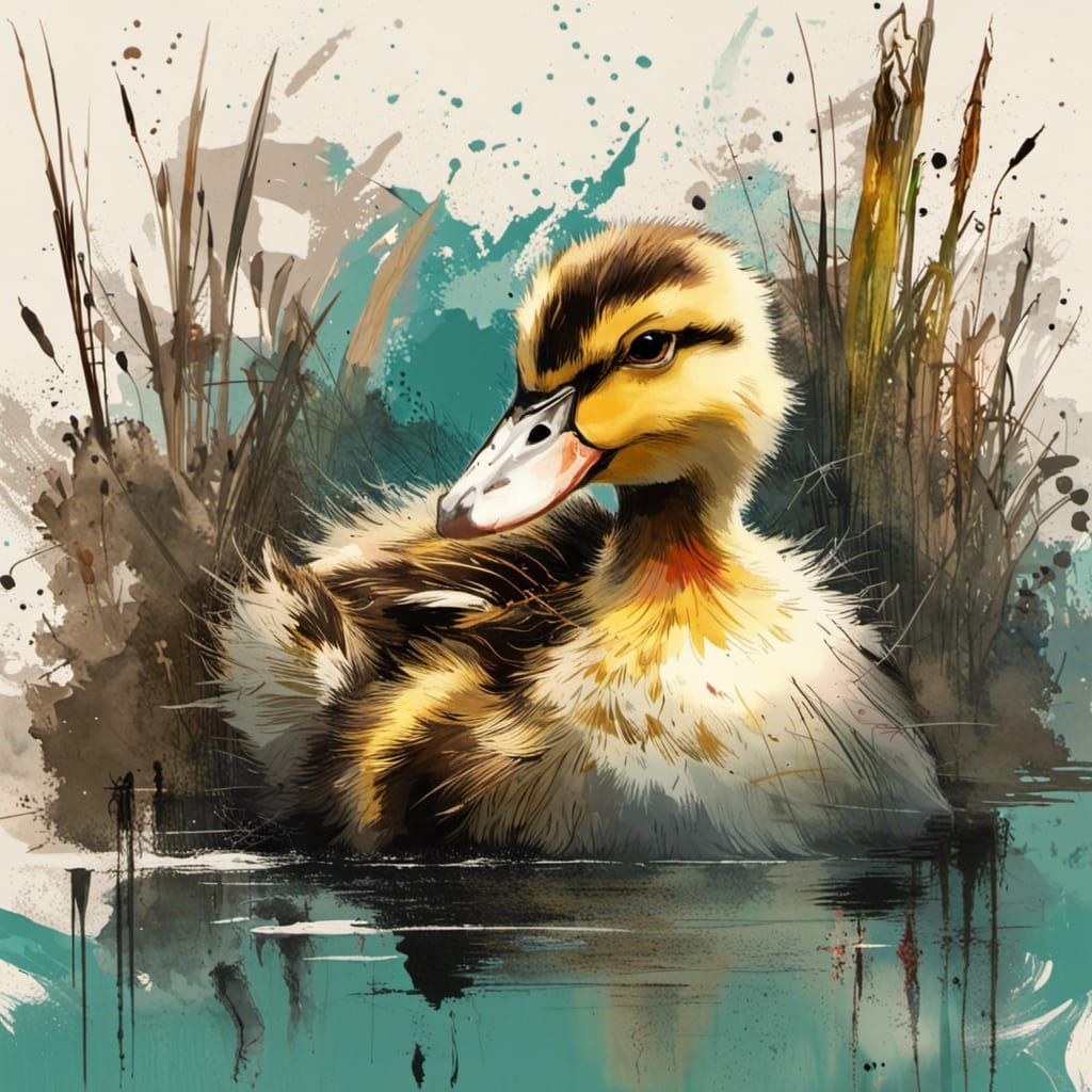 Cute Duckling Swimming: Inkblot Wildlife Fine Art