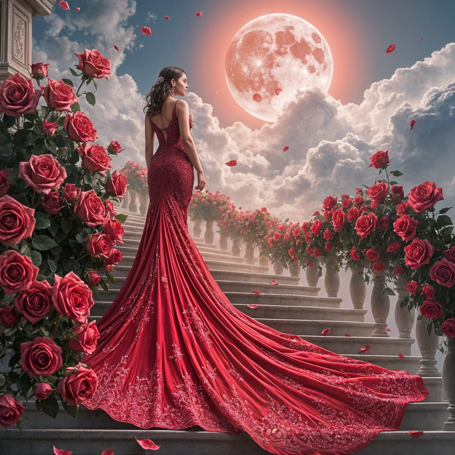 Elegant Woman Ascends Grand Staircase Surrounded by Roses in...