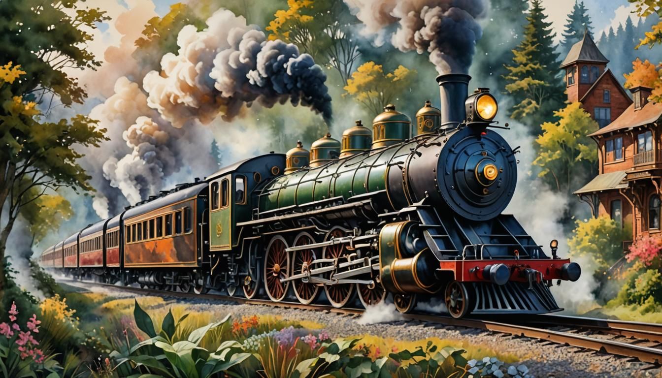 Steampunk Train in Romantic Watercolor Style