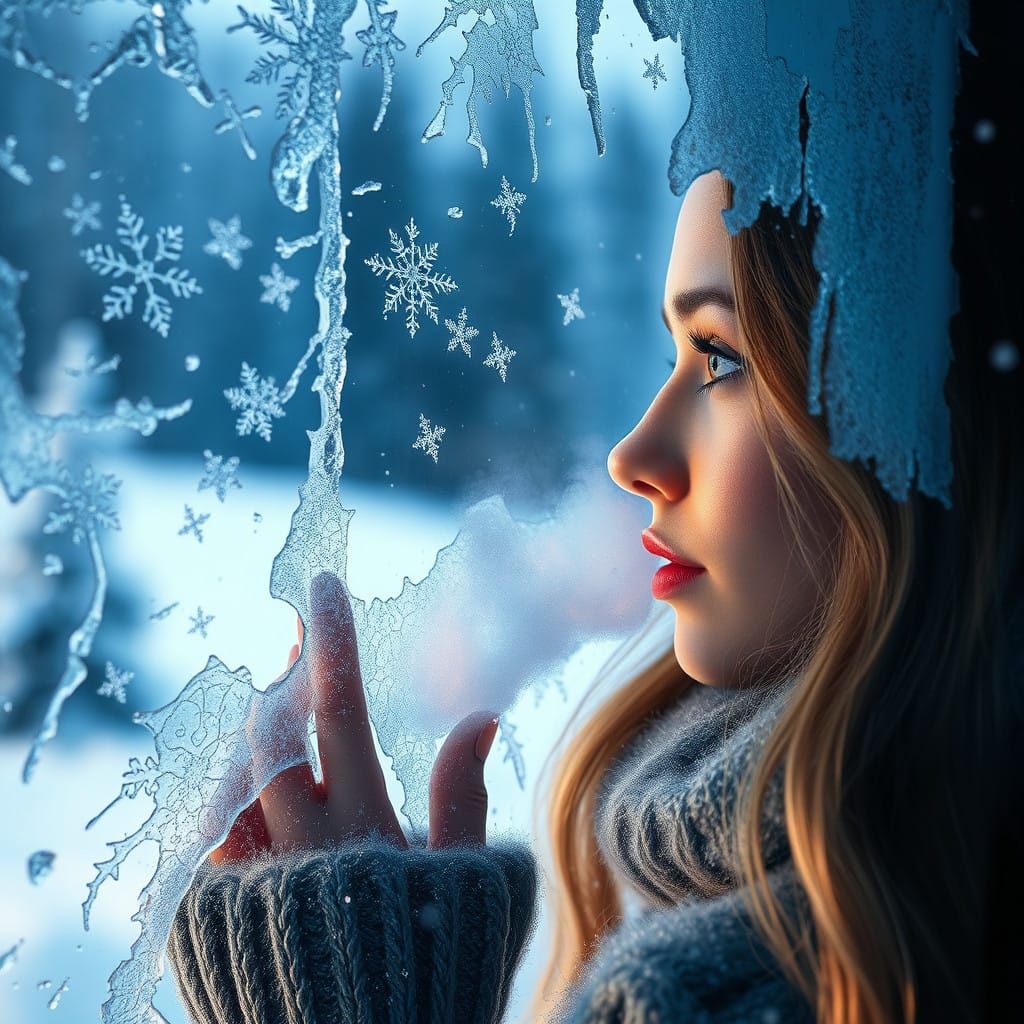 Ethereal Frosty Landscape with Woman at Windowpane