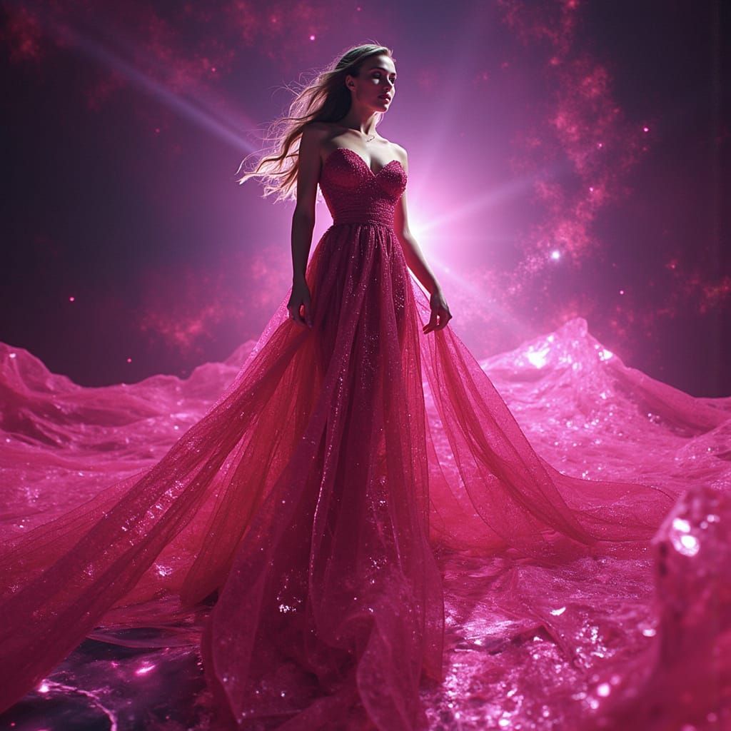 Woman in Liquid Ruby Dress Amidst Nebula