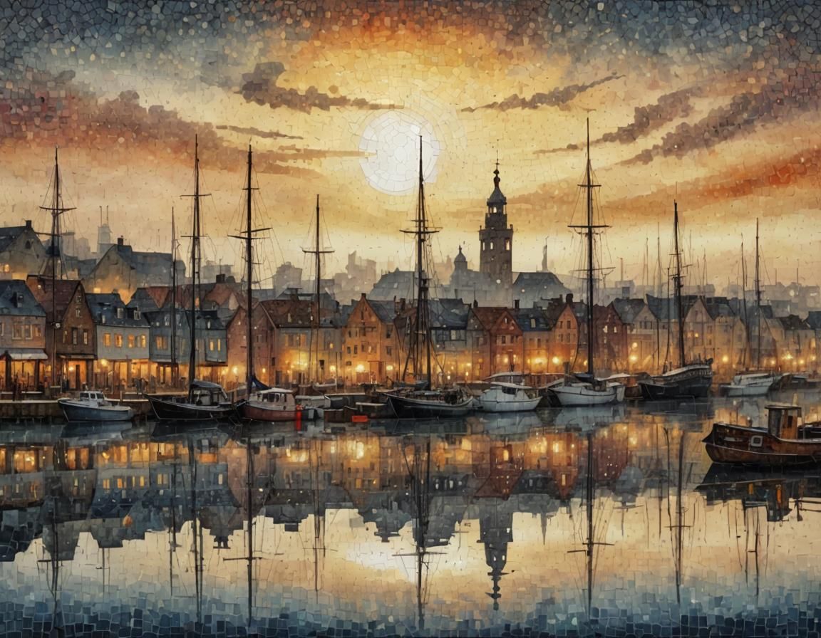 Sunset Harbor in Pointillist Mosaic Style