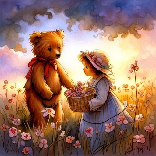 Teddy Bear Family Picking Flowers: Golden Age Illustration
