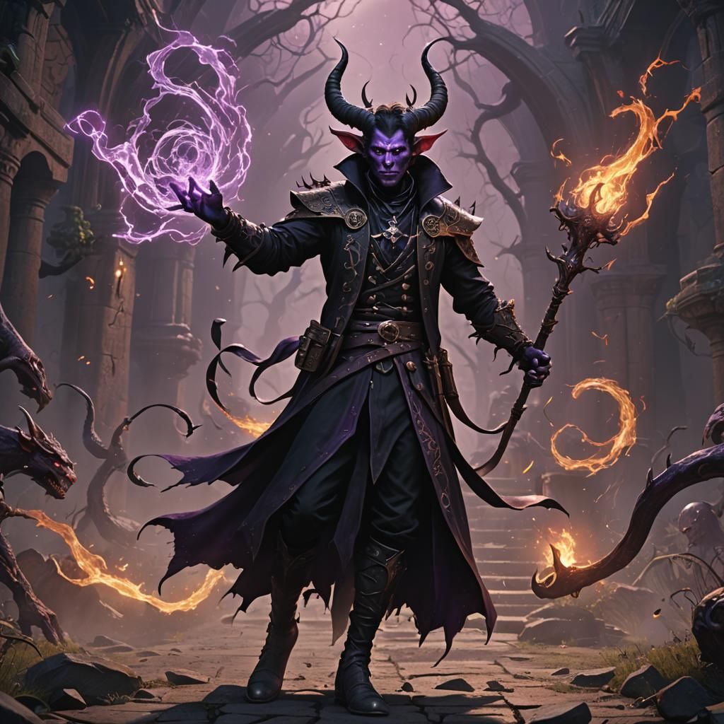 Tiefling Warlock Ready for Battle: Fantasy Concept Art