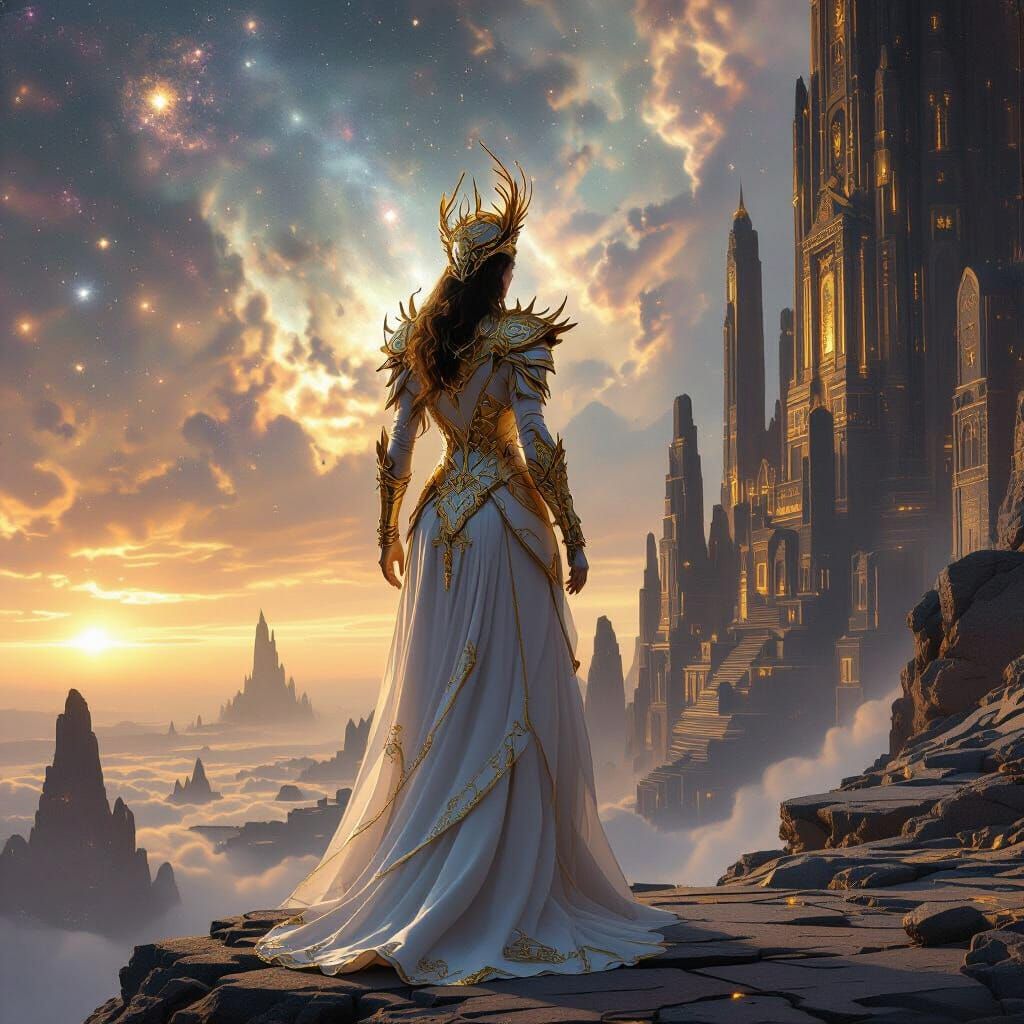 Queen in Celestial Armor Overlooking Cosmic Observatory
