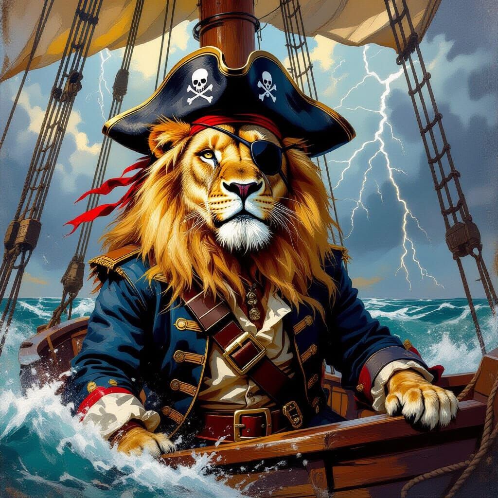 Pirate Lion on Stormy Seas: An Oil Painting