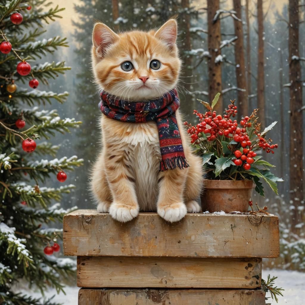 Christmas Kitten with Gift in Detailed Oil Painting