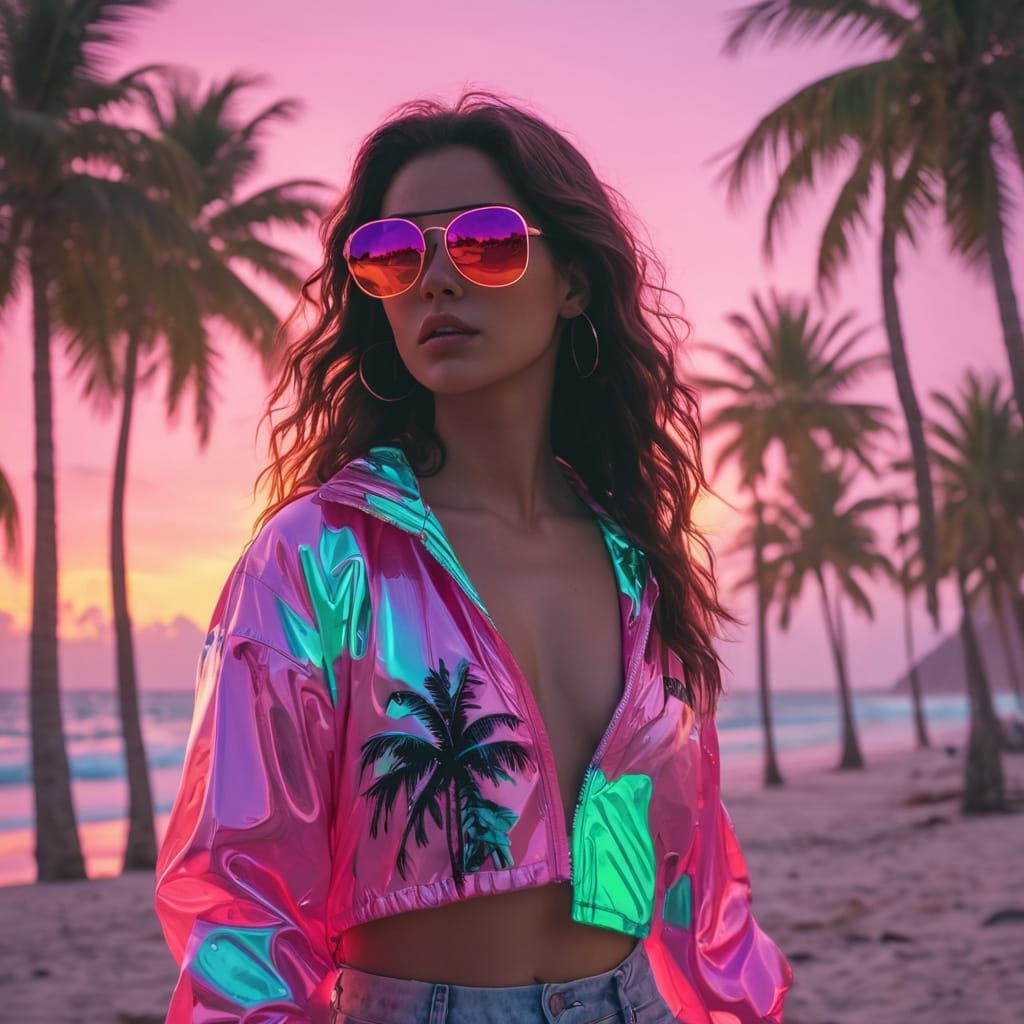 Vaporwave Beach Fashion with Neon Clothing at Sunset