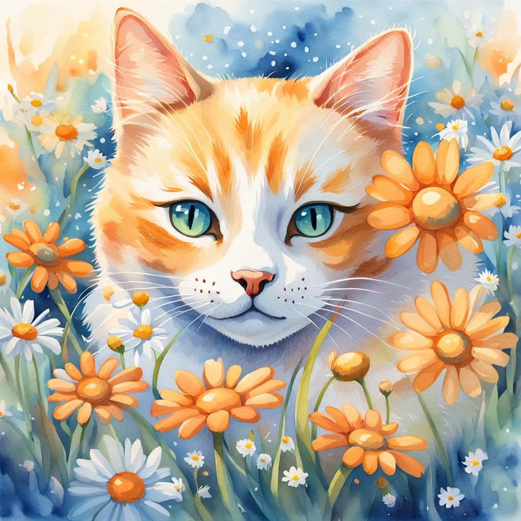 Cute Cat in Daisy Field: Watercolour Fantasy Art