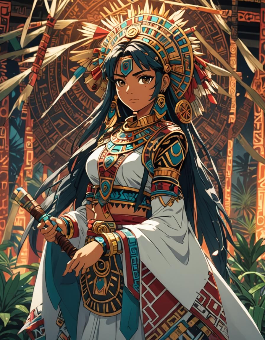 Aztec Maya Anime Girl in Cel-Shaded Style