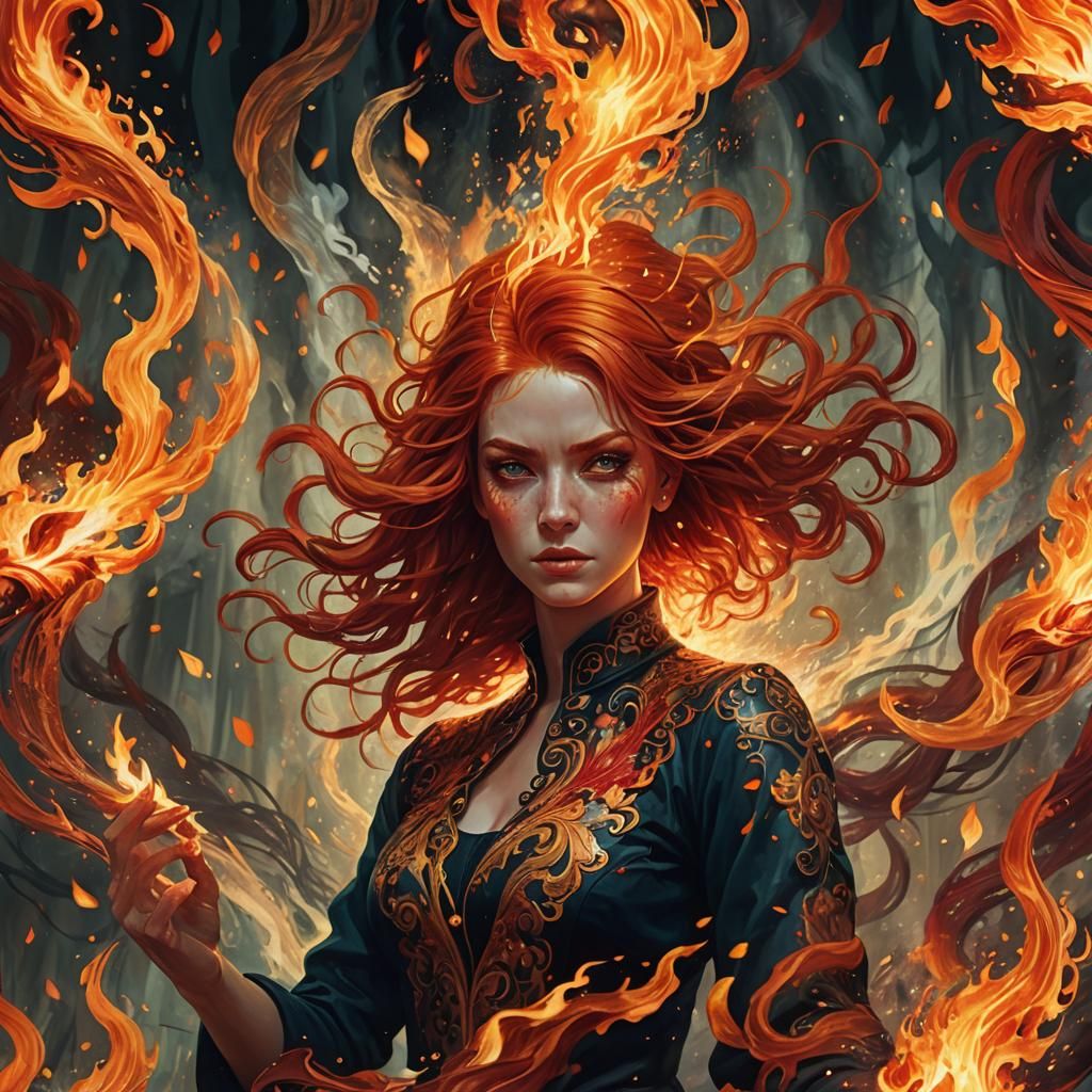 Fiery Haired Woman Conjuring Flames: Digital Fantasy Art