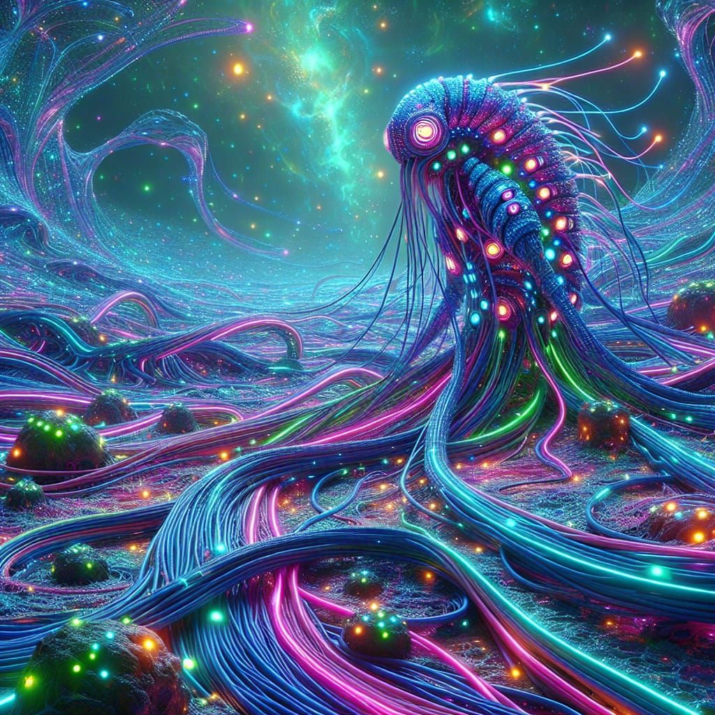 Sci-Fi Alien Landscape with Bioluminescent Octopus