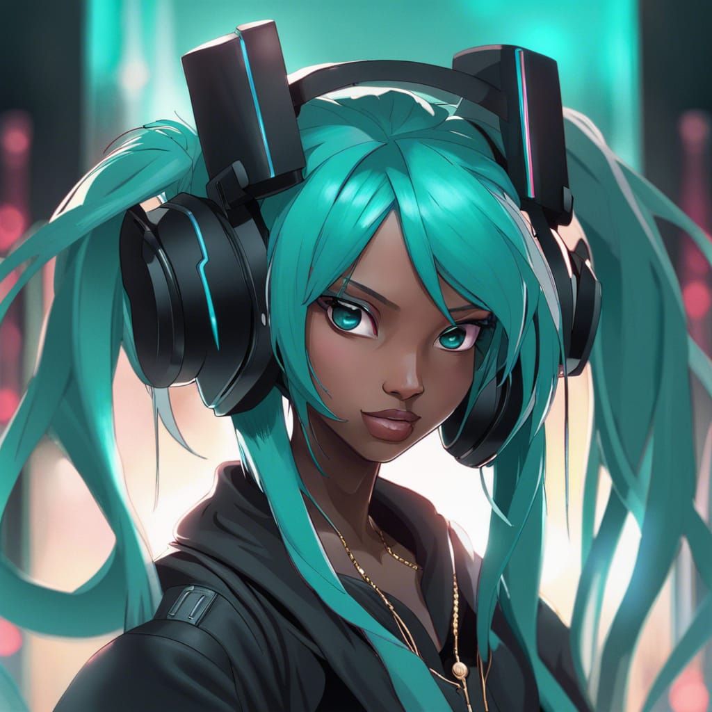 Black Hair Hatsune Miku Portrait in Hyperdetailed Style