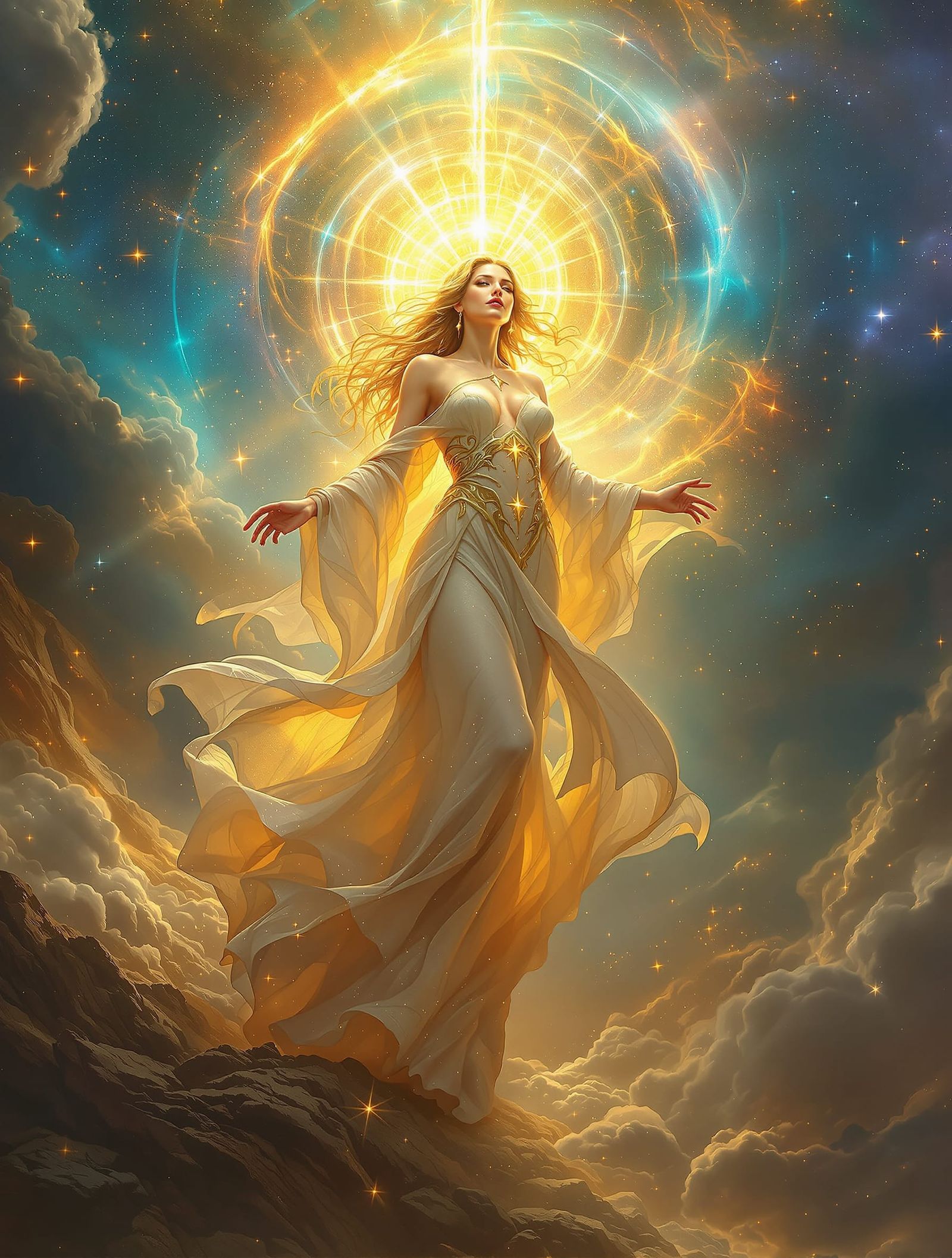Divine Goddess Ascends in Celestial Landscape
