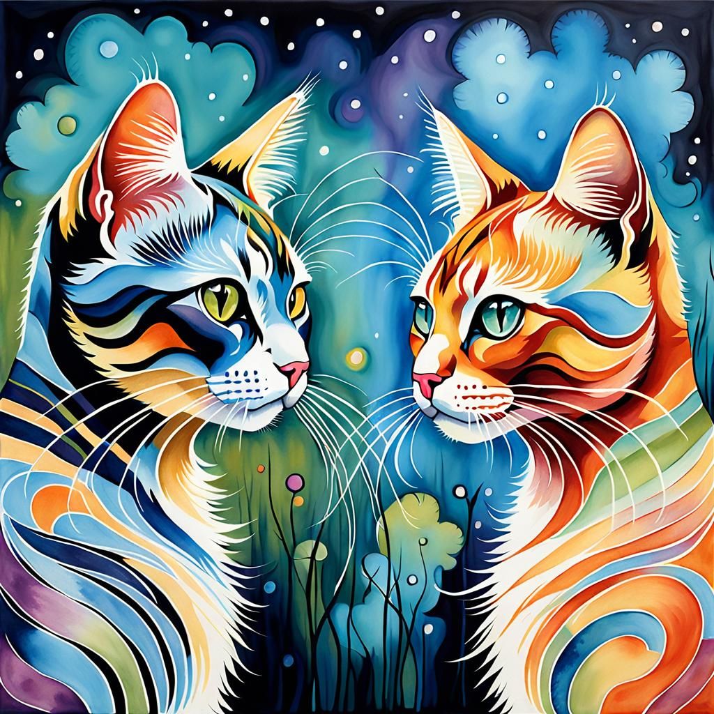 Surreal Neurographic Cat Art in Watercolor Style