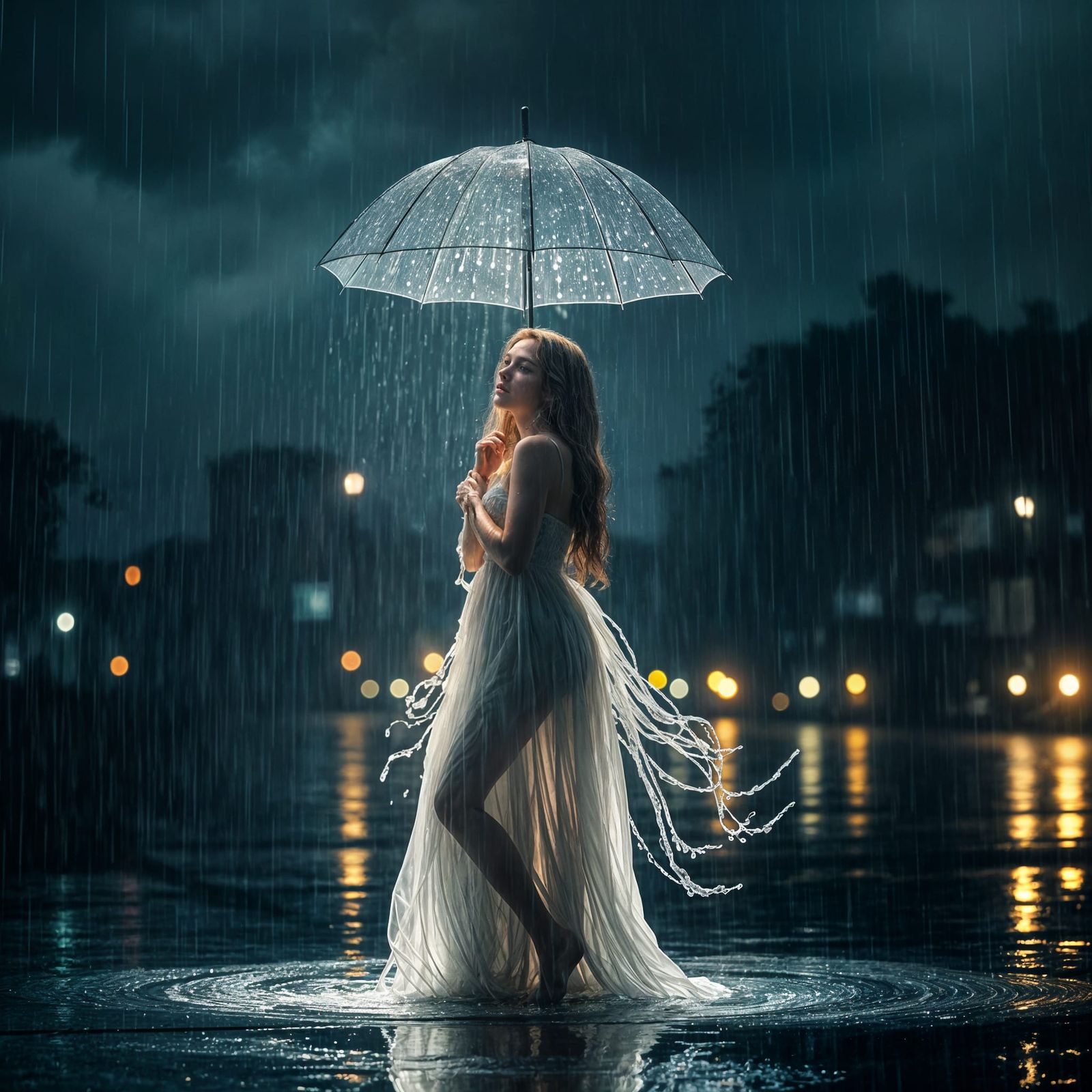 Ethereal Water Woman in Rainstorm