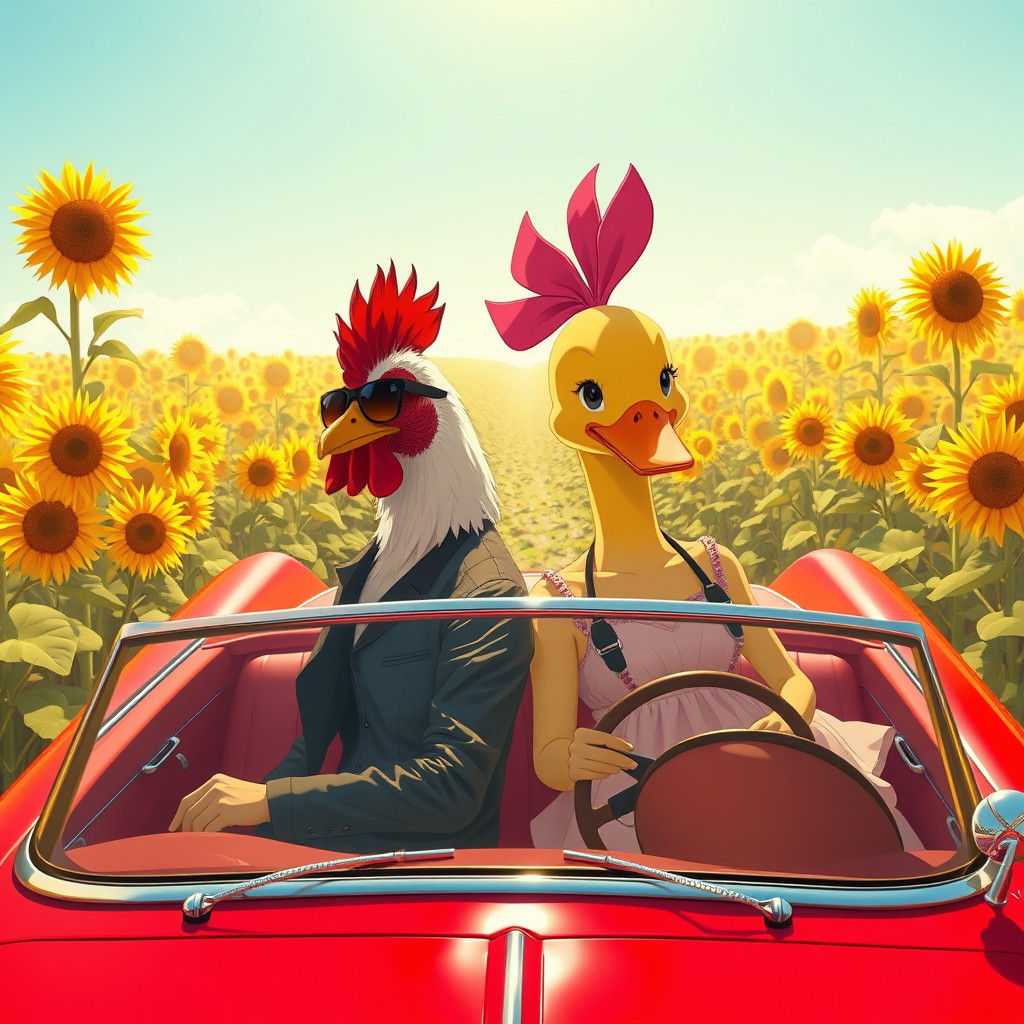 Surreal Chicken and Duck Couple in Anime Style