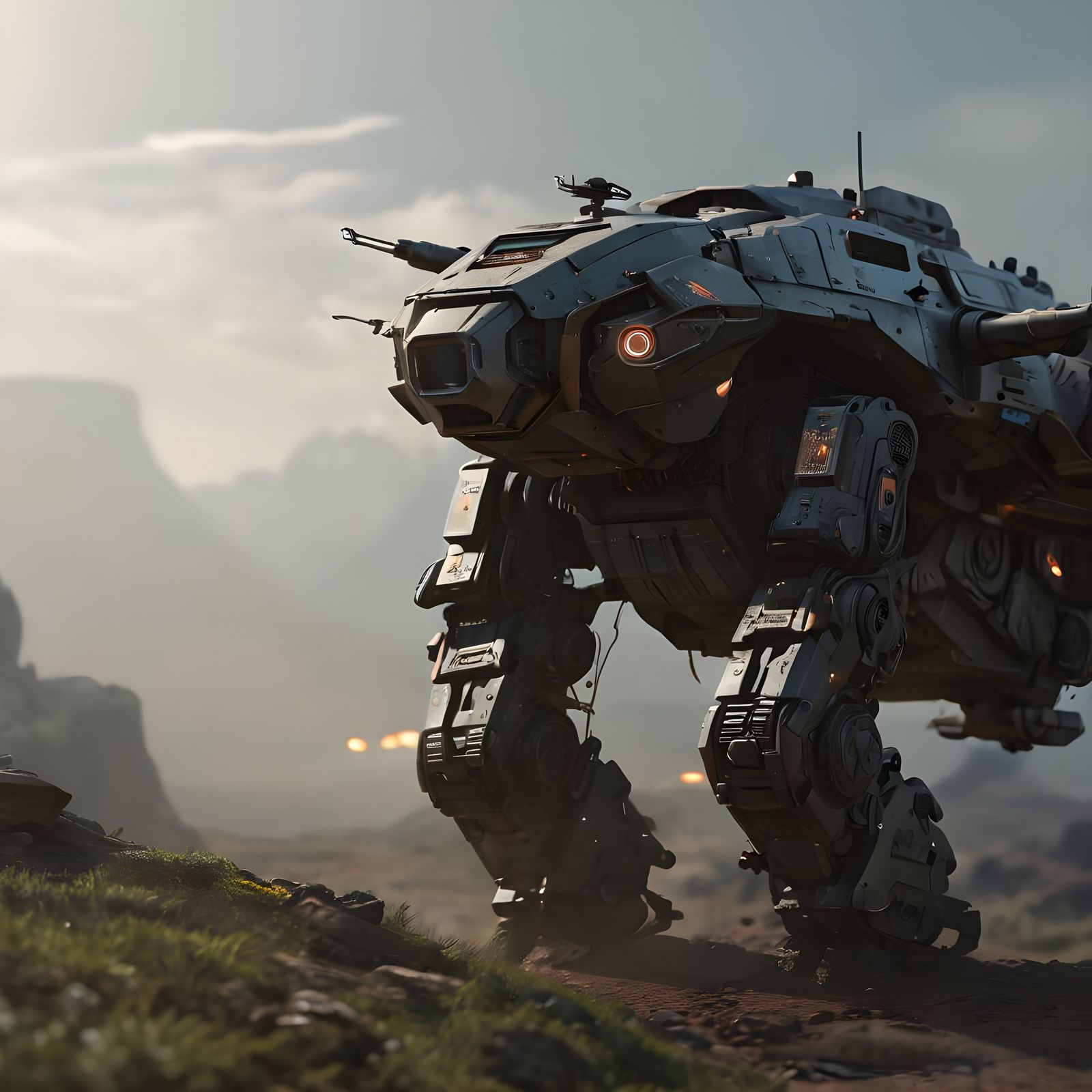 Futuristic Armored Battle Drone in Fantasy Landscape