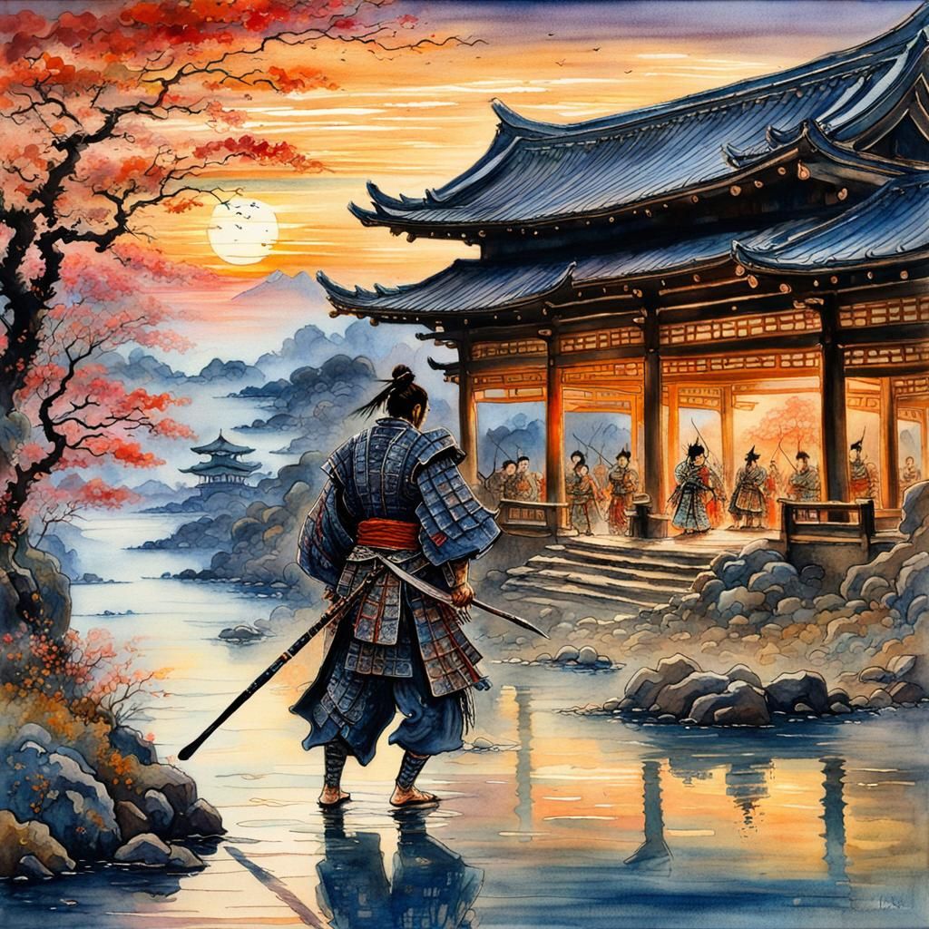 Samurai Scene at Dusk in Watercolor Style