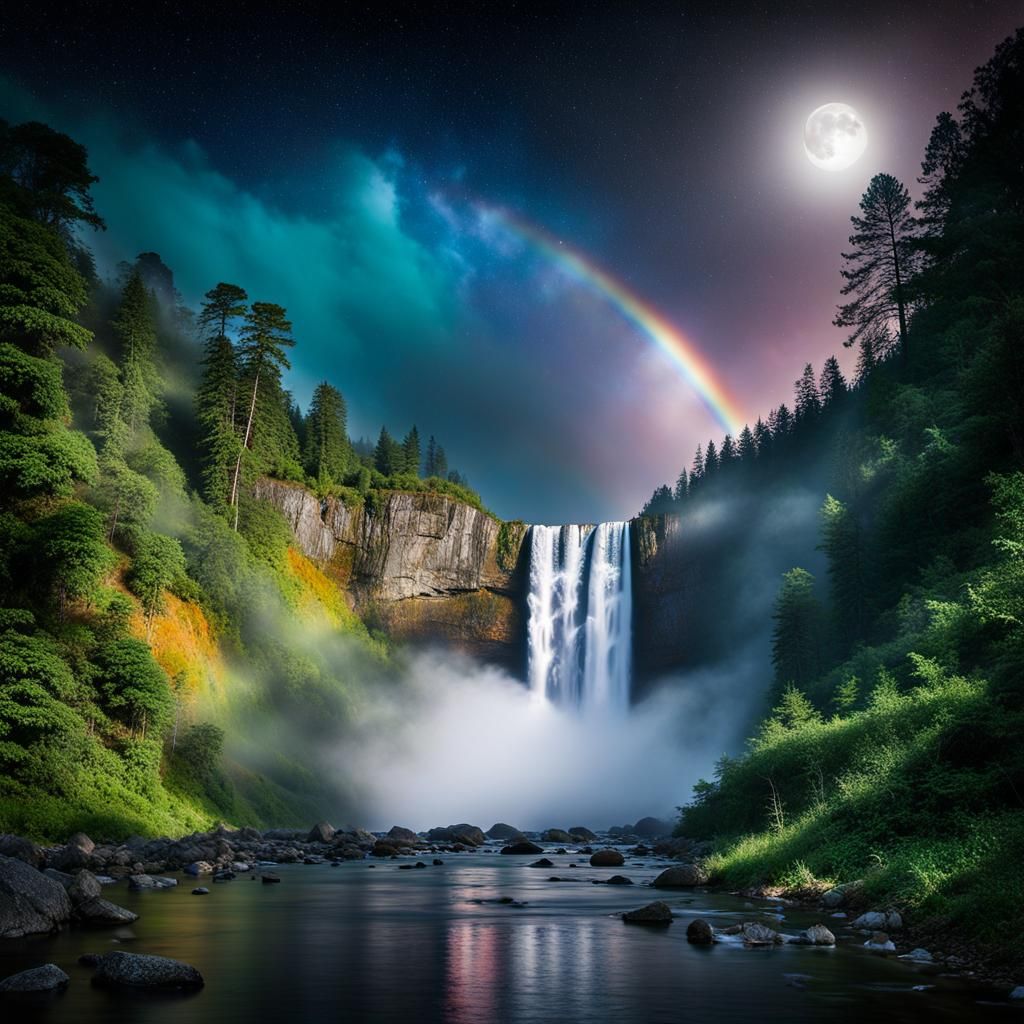 Moonlit Waterfall with Rainbow Mist and Galaxy Sky
