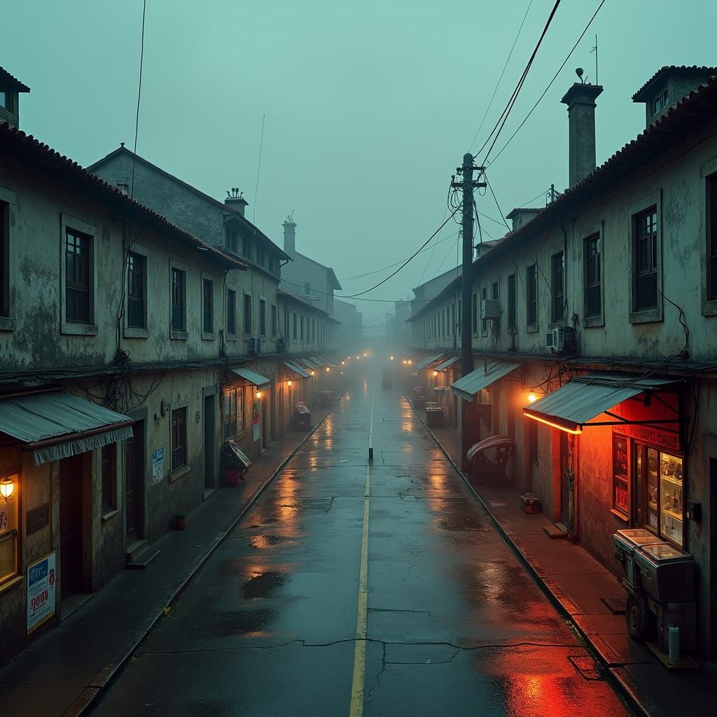 Cyberpunk Village in Rainy Dystopian Future