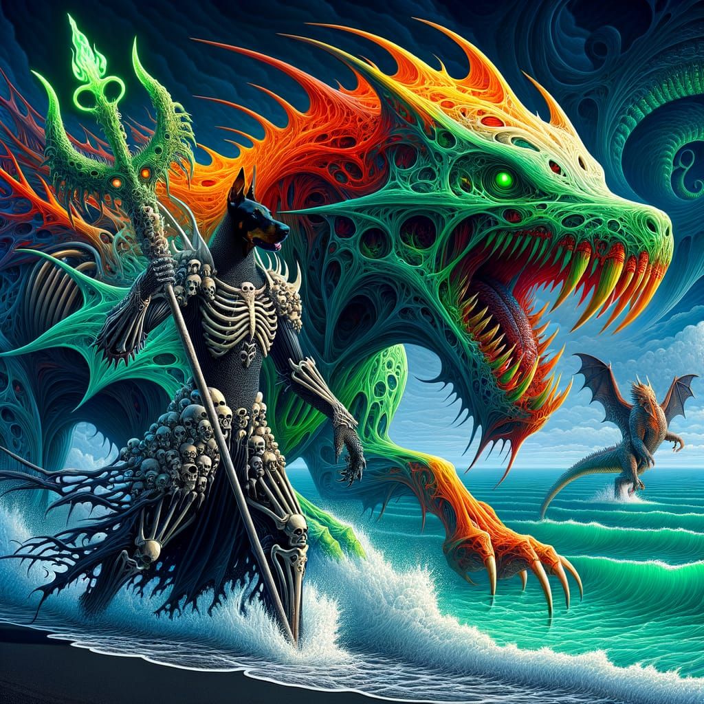 Bone-Armored Warrior Rides Dragon-Shark Against Kraken