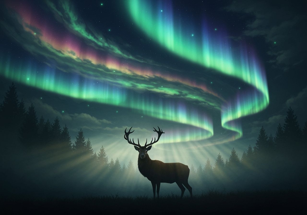 Majestic Stag Under Vibrant Aurora Borealis Sky