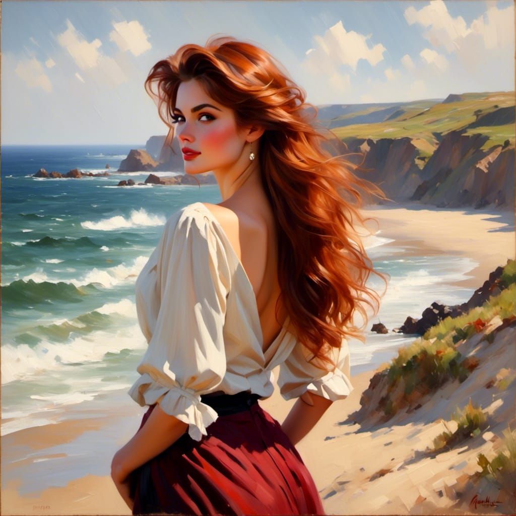 Beautiful Woman with Dark-Red Hair on Beach