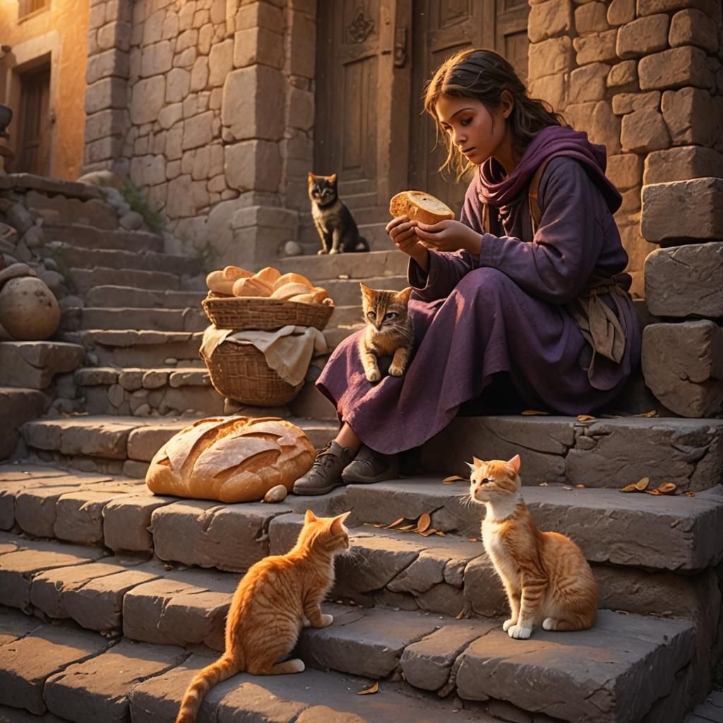 Girl Offers Bread to Kitten: Cinematic Digital Art