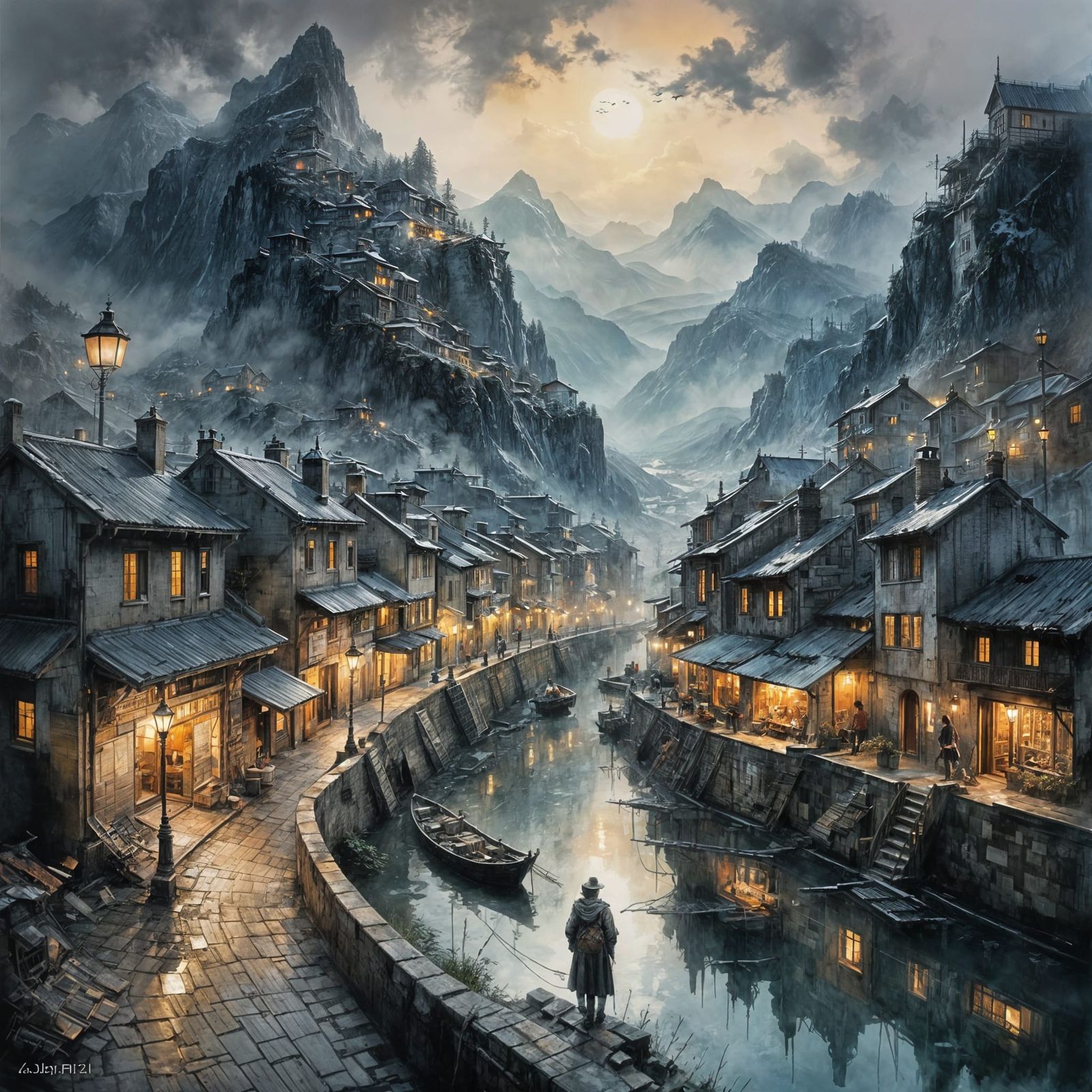 Mist-Covered Mountains: A Surreal Alcohol Ink Masterpiece