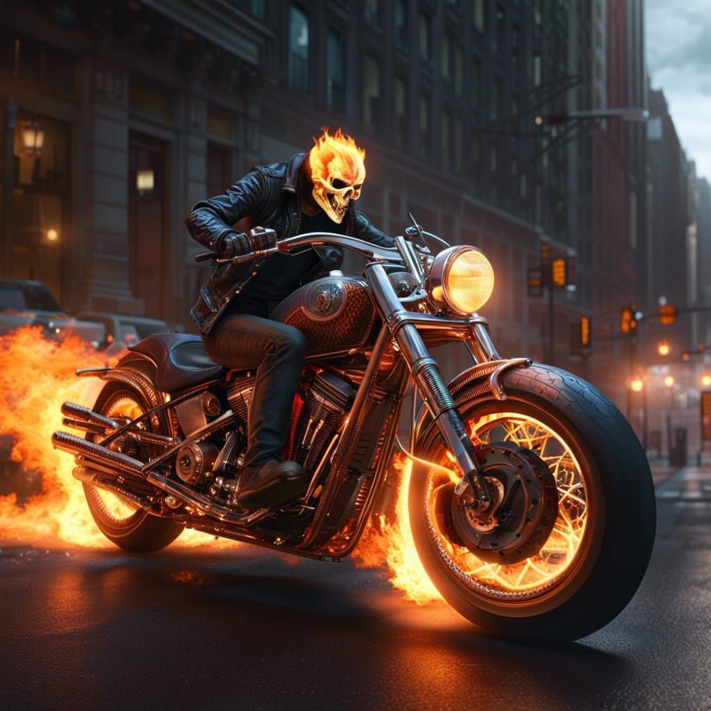 Ghost Rider is riding burning motorcycle