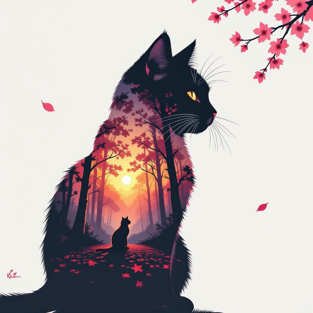 Cat Spirit Silhouette Amidst Cherry Blossom Forest