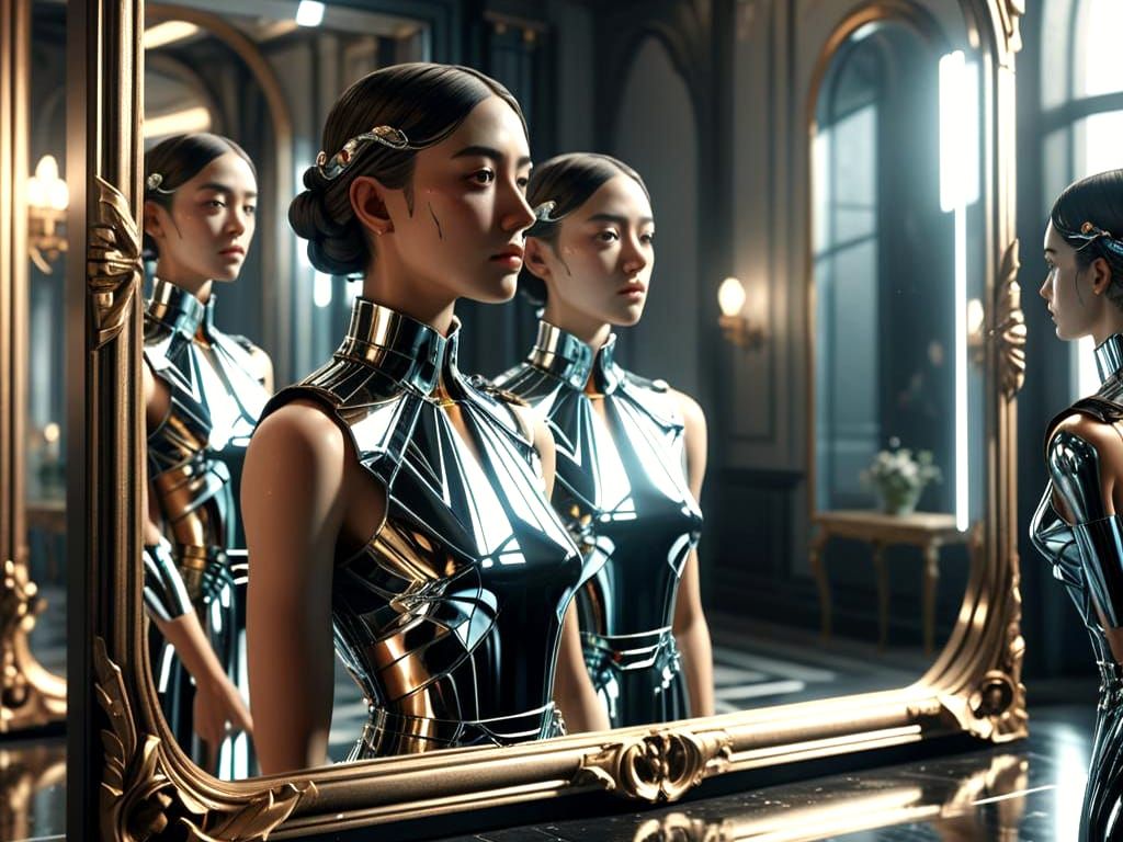 Infinite Reflections: Woman in a Dystopian Mirror