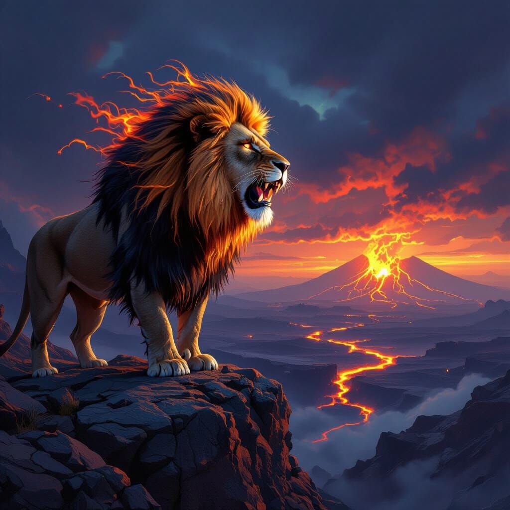 Fiery Lion Overlooking Volcanic Landscape, Digital Painting